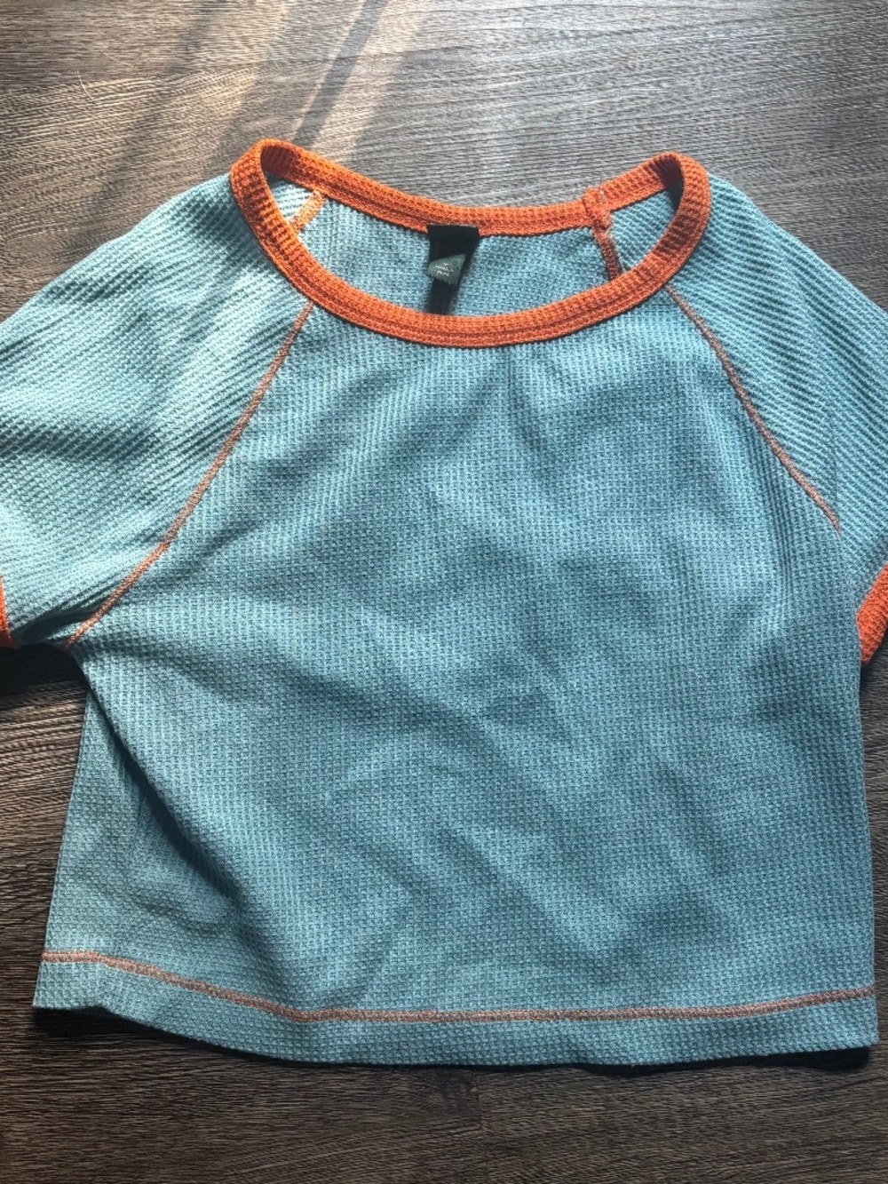 Contrast stitch blue orange crop top cropped 90s waffle knit baby tee
